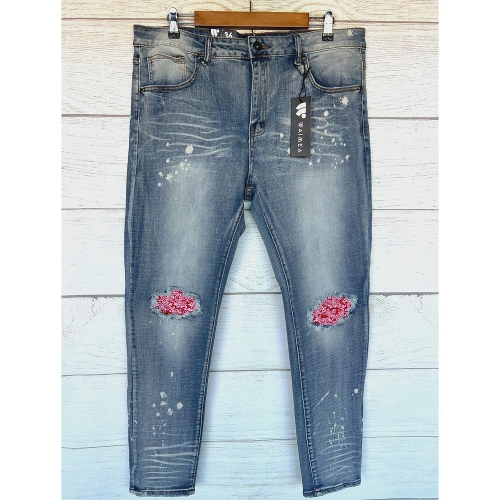 Waimea Stretch Skinny Jeans Mens 36X32 Bleach Patched Knee Skinny Stretch New